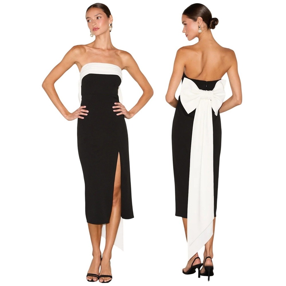 Lulus Fabulous Phenomenon Black White Strapless‎ Bow Midi Dress Wedding Guest